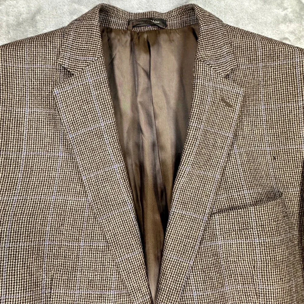 Lauren Ralph Lauren Mens 46R Wool Blazer Houndstooth Elbow Patches Brown Blue